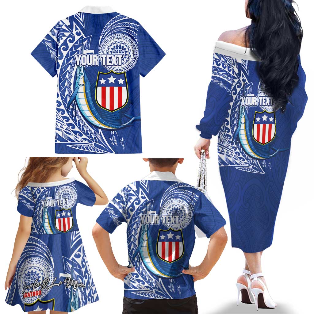 Personalised American Samoa Flag Day Family Matching Off The Shoulder Long Sleeve Dress and Hawaiian Shirt Fautasi Race Fagatogo-Iseula O Le Moana Sailfish Tribal Style LT03 - Polynesian Pride