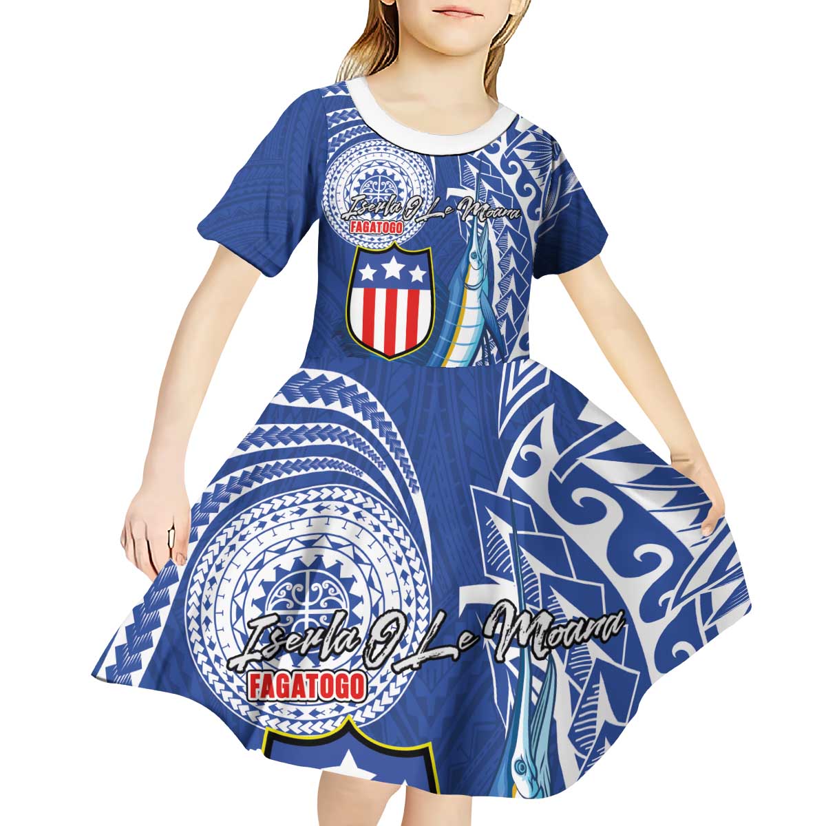 Personalised American Samoa Flag Day Kid Short Sleeve Dress Fautasi Race Fagatogo-Iseula O Le Moana Sailfish Tribal Style LT03 - Polynesian Pride