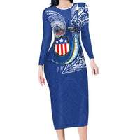 Personalised American Samoa Flag Day Long Sleeve Bodycon Dress Fautasi Race Fagatogo-Iseula O Le Moana Sailfish Tribal Style LT03 Long Dress Multicolor - Polynesian Pride
