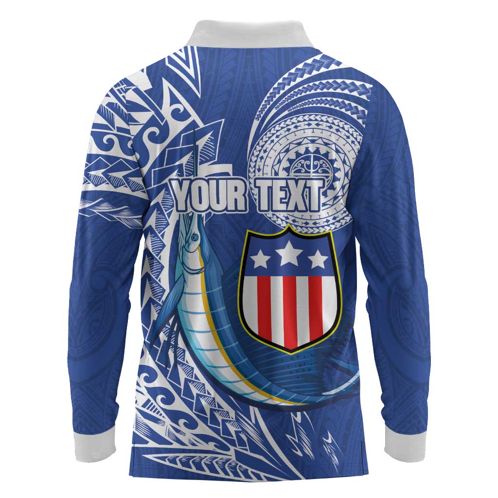 Personalised American Samoa Flag Day Long Sleeve Polo Shirt Fautasi Race Fagatogo-Iseula O Le Moana Sailfish Tribal Style LT03 - Polynesian Pride