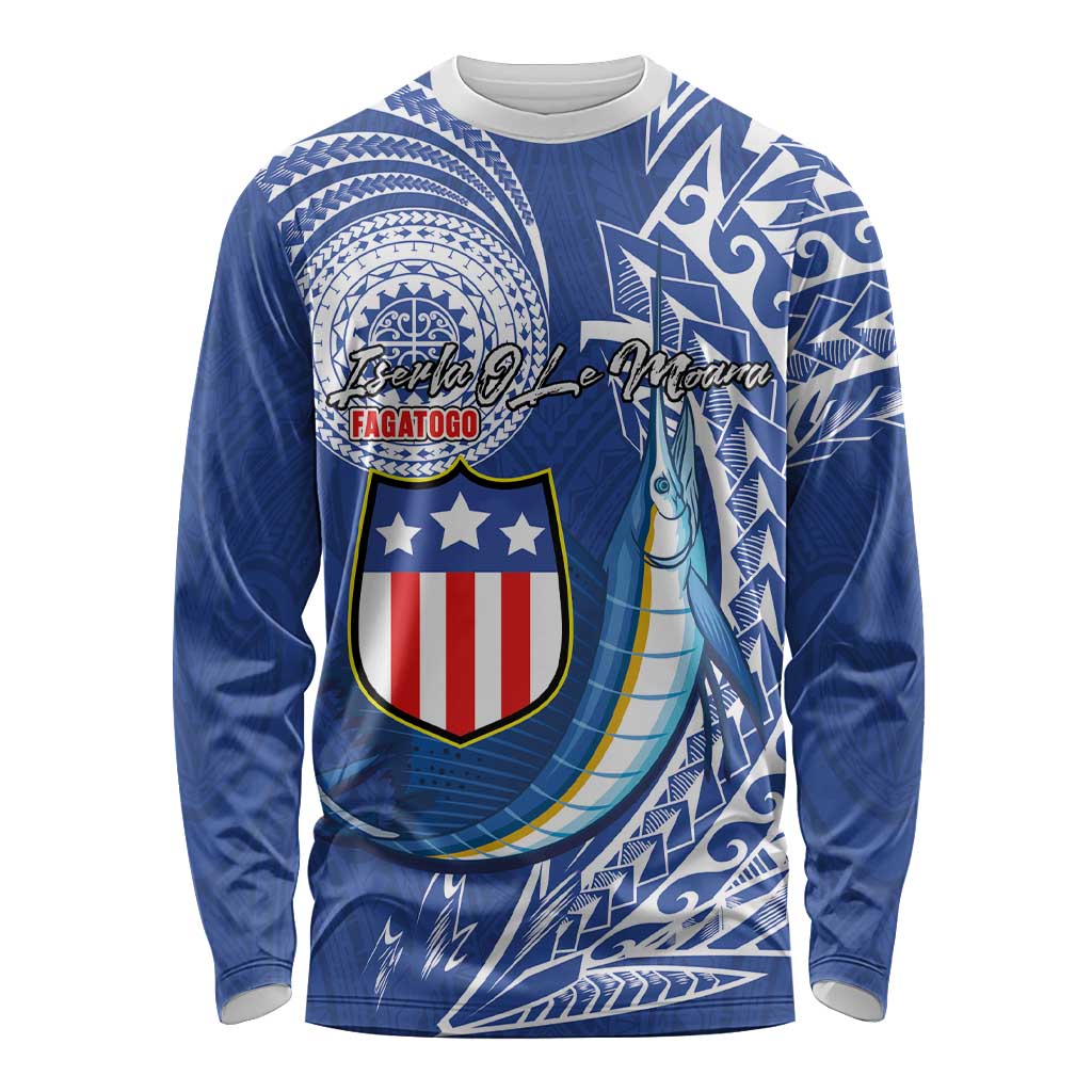 Personalised American Samoa Flag Day Long Sleeve Shirt Fautasi Race Fagatogo-Iseula O Le Moana Sailfish Tribal Style