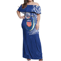 Personalised American Samoa Flag Day Off Shoulder Maxi Dress Fautasi Race Fagatogo-Iseula O Le Moana Sailfish Tribal Style LT03 Women Multicolor - Polynesian Pride