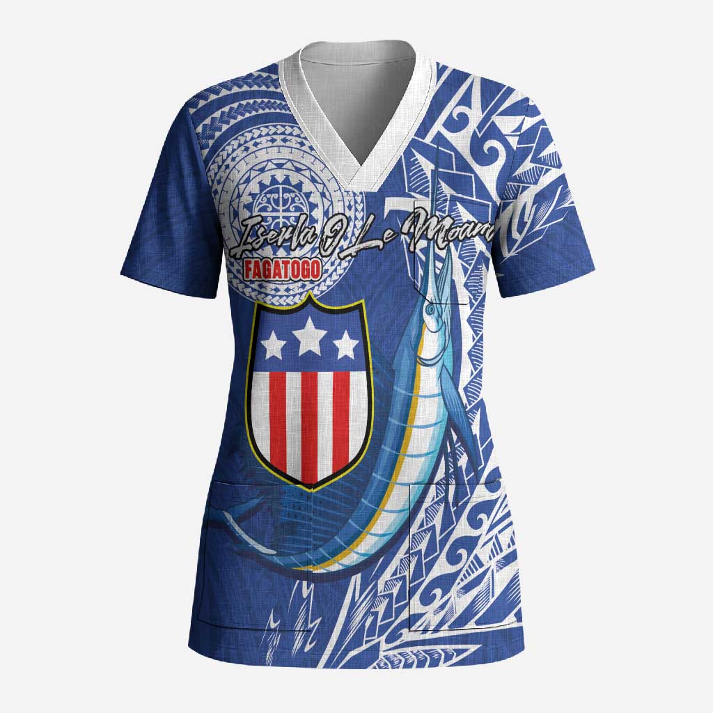 Personalised American Samoa Flag Day Scrub Top Fautasi Race Fagatogo-Iseula O Le Moana Sailfish Tribal Style LT03 Adult Multicolor - Polynesian Pride