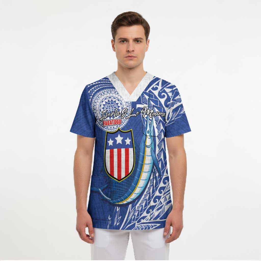 Personalised American Samoa Flag Day Scrub Top Fautasi Race Fagatogo-Iseula O Le Moana Sailfish Tribal Style LT03 - Polynesian Pride