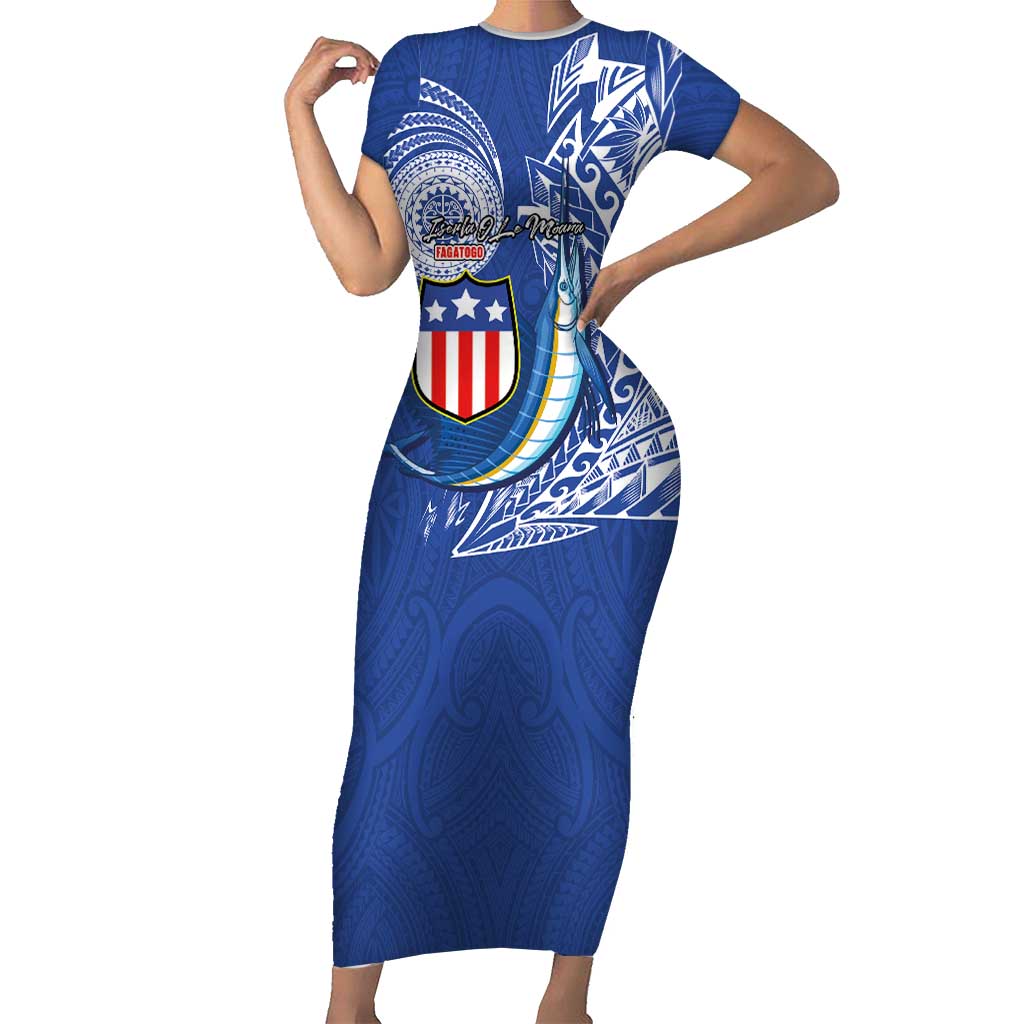 Personalised American Samoa Flag Day Short Sleeve Bodycon Dress Fautasi Race Fagatogo-Iseula O Le Moana Sailfish Tribal Style LT03 Long Dress Multicolor - Polynesian Pride