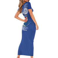 Personalised American Samoa Flag Day Short Sleeve Bodycon Dress Fautasi Race Fagatogo-Iseula O Le Moana Sailfish Tribal Style LT03 - Polynesian Pride