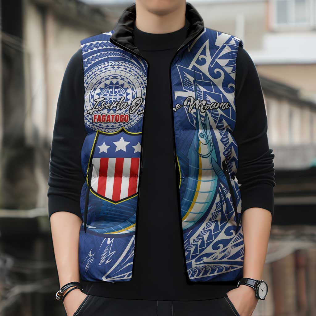 Personalised American Samoa Flag Day Sleeveless Puffer Jacket Fautasi Race Fagatogo-Iseula O Le Moana Sailfish Tribal Style LT03 - Polynesian Pride