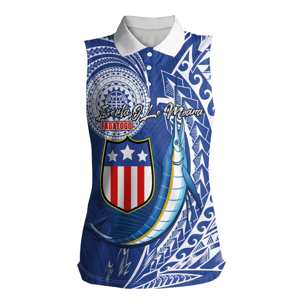 Personalised American Samoa Flag Day Women Sleeveless Polo Shirt Fautasi Race Fagatogo-Iseula O Le Moana Sailfish Tribal Style