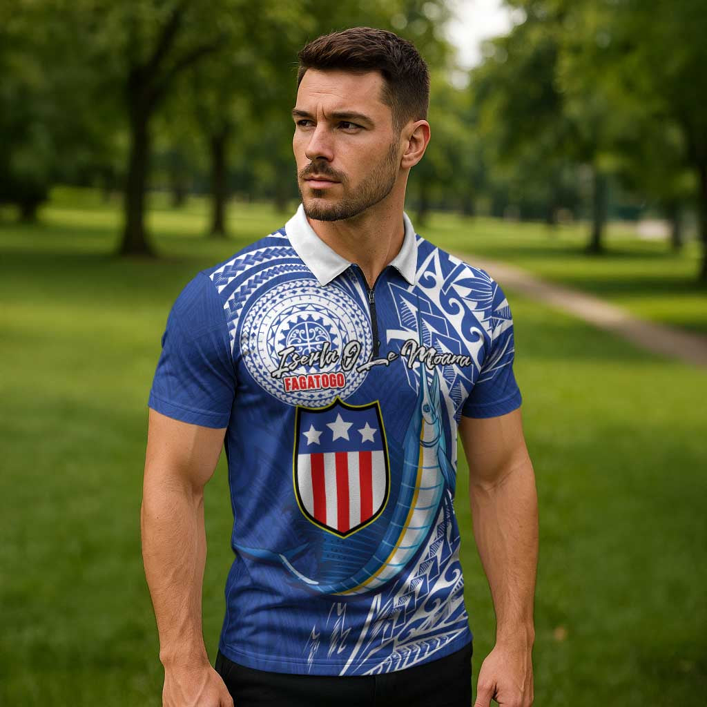 Personalised American Samoa Flag Day Zipper Polo Shirt Fautasi Race Fagatogo-Iseula O Le Moana Sailfish Tribal Style LT03 - Polynesian Pride