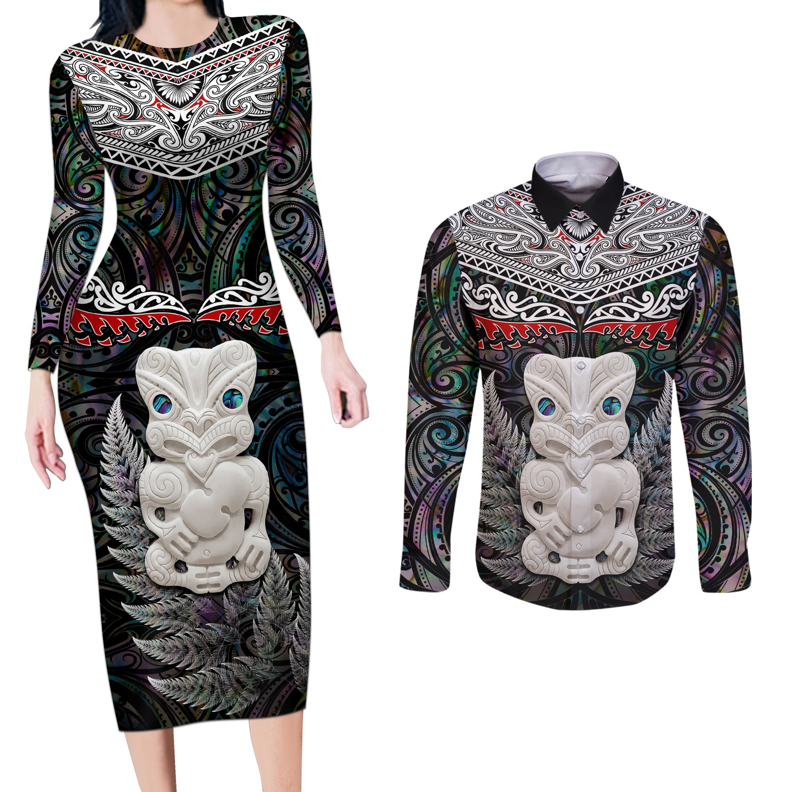 New Zealand Hei Tiki Couples Matching Long Sleeve Bodycon Dress and Long Sleeve Button Shirt Maori Green Papua Shell Pattern LT03 Green - Polynesian Pride