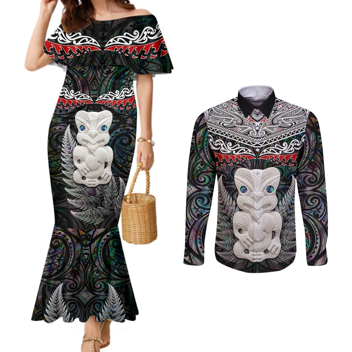 New Zealand Hei Tiki Couples Matching Mermaid Dress and Long Sleeve Button Shirt Maori Green Papua Shell Pattern LT03 Green - Polynesian Pride