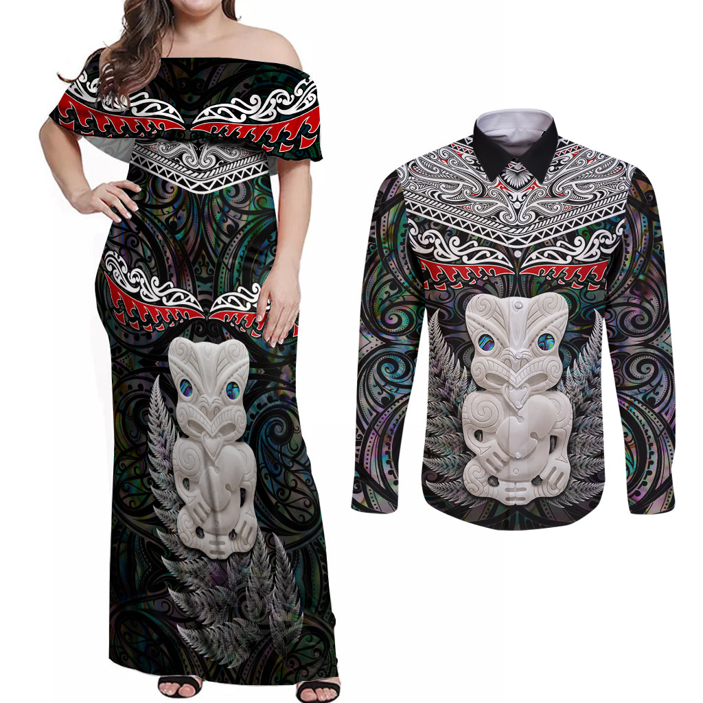 New Zealand Hei Tiki Couples Matching Off Shoulder Maxi Dress and Long Sleeve Button Shirt Maori Green Papua Shell Pattern LT03 Green - Polynesian Pride