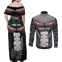 New Zealand Hei Tiki Couples Matching Off Shoulder Maxi Dress and Long Sleeve Button Shirt Maori Green Papua Shell Pattern LT03 - Polynesian Pride