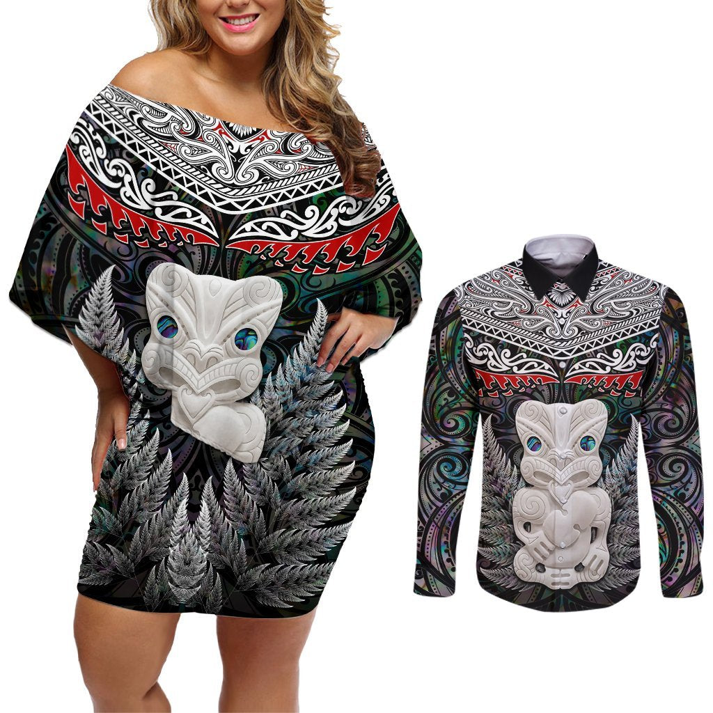 New Zealand Hei Tiki Couples Matching Off Shoulder Short Dress and Long Sleeve Button Shirt Maori Green Papua Shell Pattern LT03 Green - Polynesian Pride