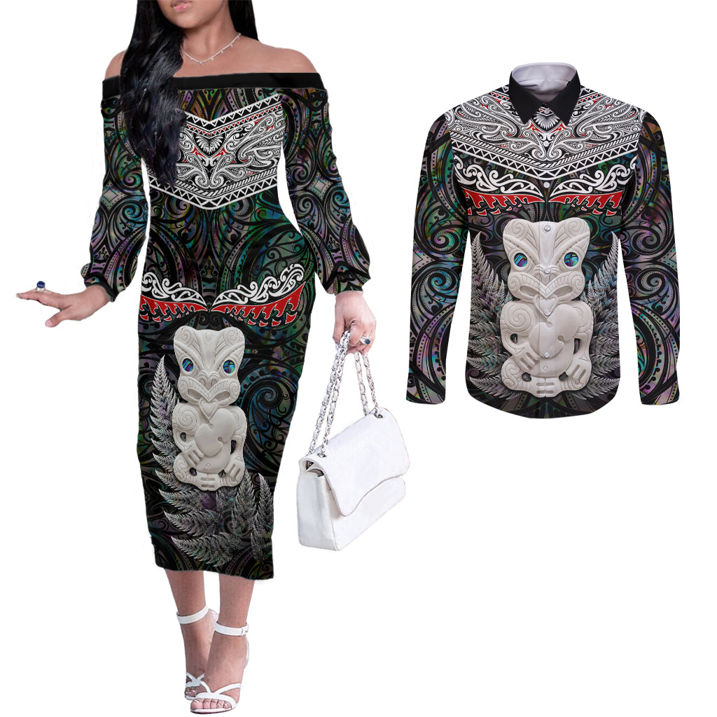 New Zealand Hei Tiki Couples Matching Off The Shoulder Long Sleeve Dress and Long Sleeve Button Shirt Maori Green Papua Shell Pattern LT03 Green - Polynesian Pride