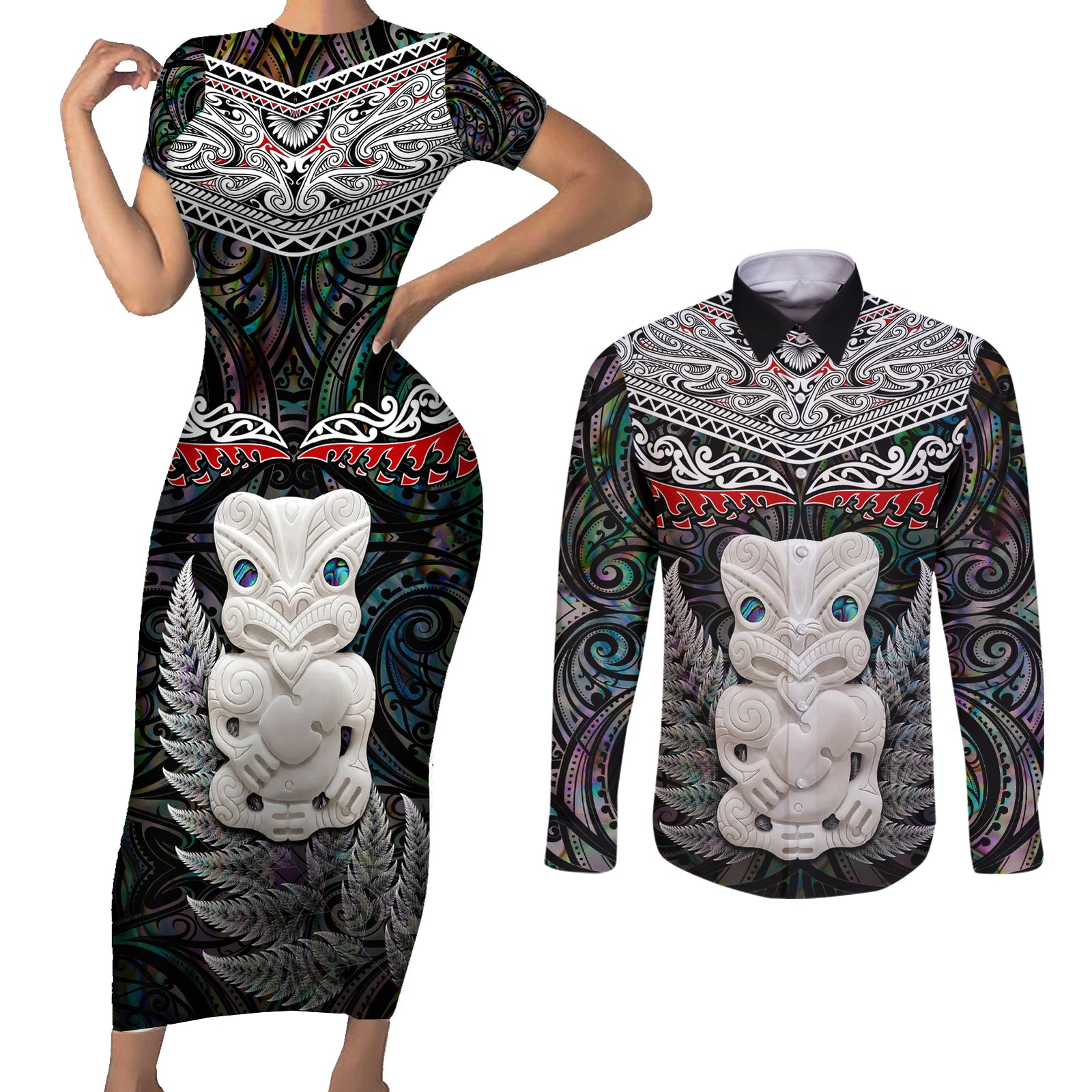 New Zealand Hei Tiki Couples Matching Short Sleeve Bodycon Dress and Long Sleeve Button Shirt Maori Green Papua Shell Pattern LT03 Green - Polynesian Pride