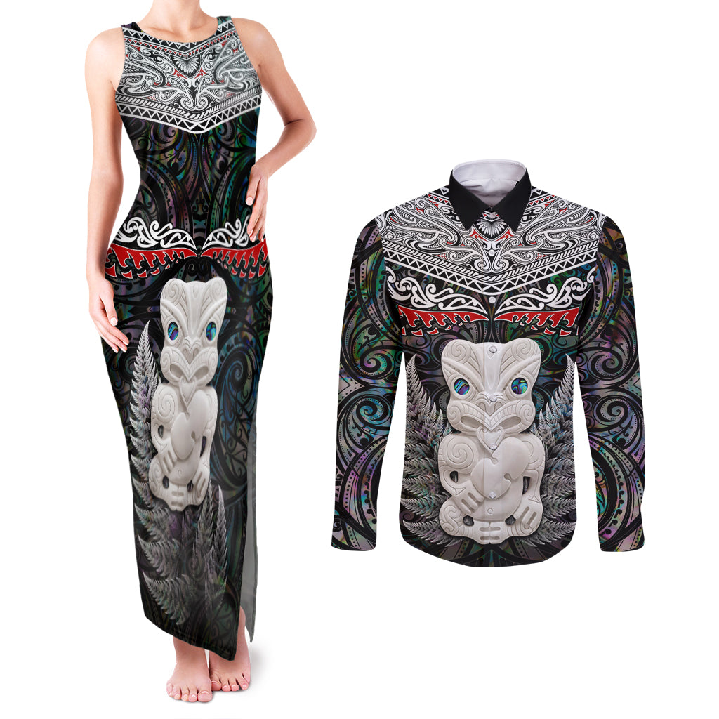 New Zealand Hei Tiki Couples Matching Tank Maxi Dress and Long Sleeve Button Shirt Maori Green Papua Shell Pattern LT03 Green - Polynesian Pride