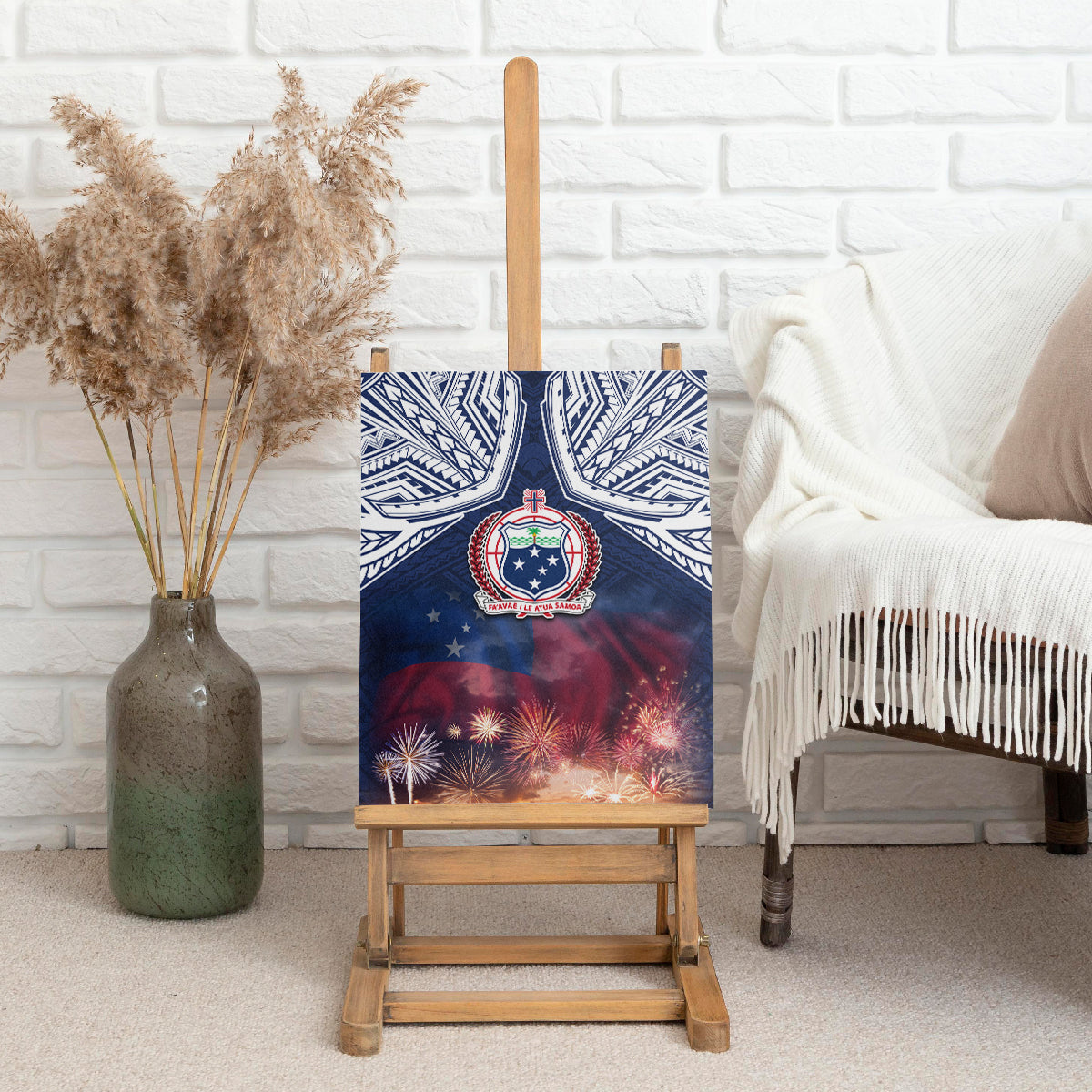 Samoa Indenpendence Day Canvas Wall Art Sky Fireworks with Flag Style LT03 With Frame 8 x 10 inches Black - Polynesian Pride