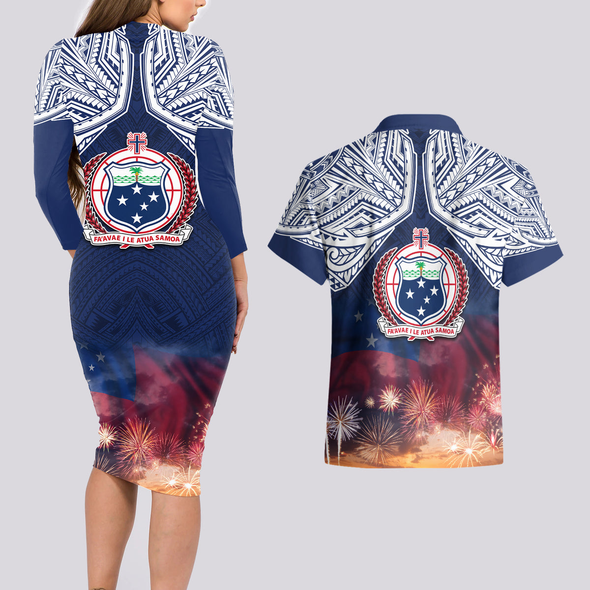 Samoa Indenpendence Day Couples Matching Long Sleeve Bodycon Dress and Hawaiian Shirt Sky Fireworks with Flag Style LT03 - Polynesian Pride