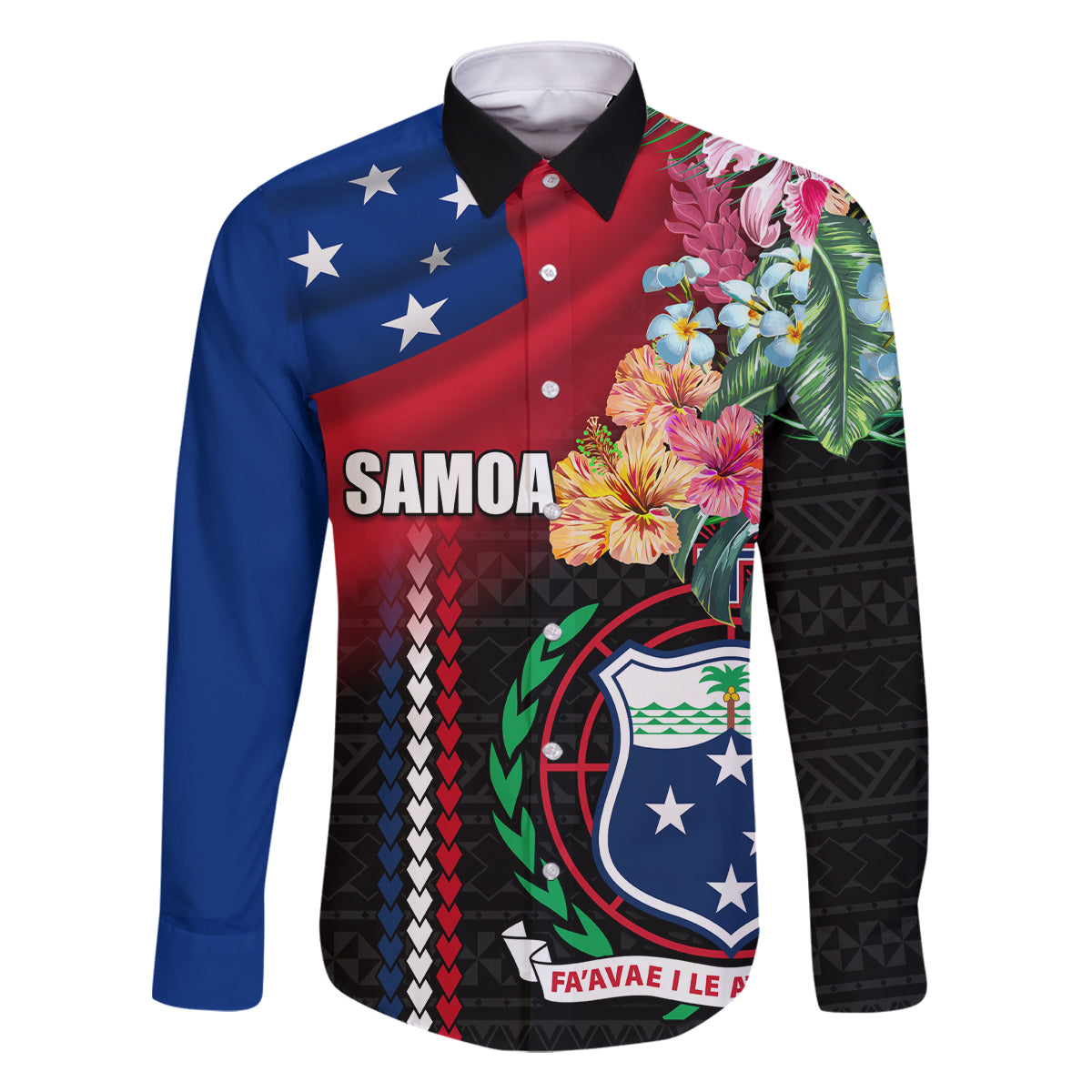 Personalised Samoa Indenpendence Day Family Matching Tank Maxi Dress and Hawaiian Shirt Tropical Samoan Coat of Arms With Siapo Pattern LT03 Dad's Shirt - Long Sleeve Black - Polynesian Pride