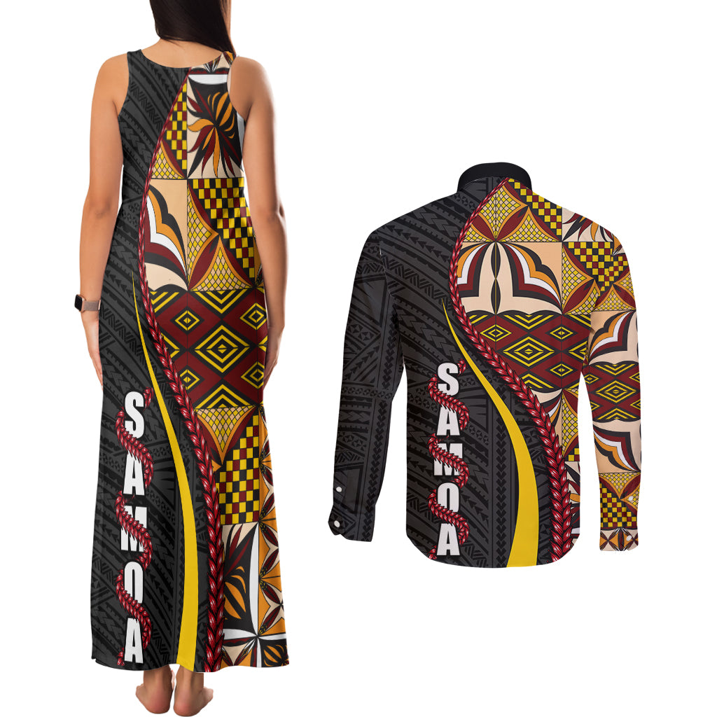 Samoa Siapo Ula Fala Couples Matching Tank Maxi Dress and Long Sleeve Button Shirt Polynesian Tribal Pattern LT03 - Polynesian Pride