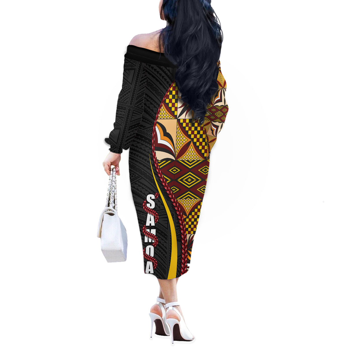Samoa Siapo Ula Fala Off The Shoulder Long Sleeve Dress Polynesian Tribal Pattern LT03 - Polynesian Pride