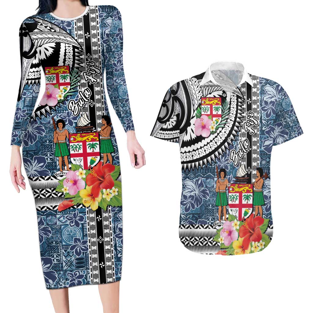 Fiji Day Couples Matching Long Sleeve Bodycon Dress and Hawaiian Shirt Traditional Tapa with Hibiscus and Emblems LT03 No Dress - Polynesian Pride
