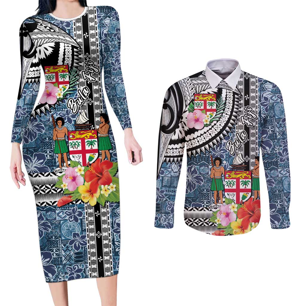Fiji Day Couples Matching Long Sleeve Bodycon Dress and Long Sleeve Button Shirt Traditional Tapa with Hibiscus and Emblems LT03 No Dress - Polynesian Pride