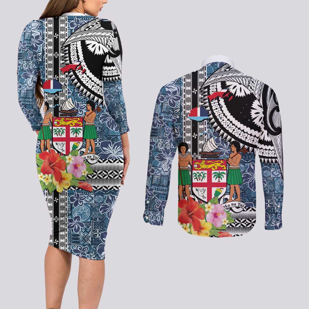 Fiji Day Couples Matching Long Sleeve Bodycon Dress and Long Sleeve Button Shirt Traditional Tapa with Hibiscus and Emblems LT03 - Polynesian Pride