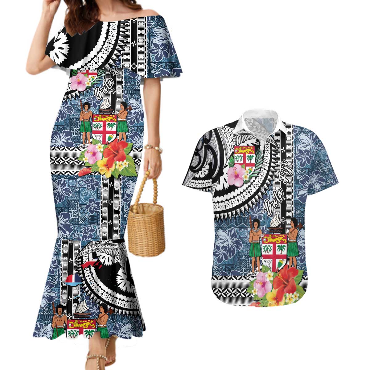 Fiji Day Couples Matching Mermaid Dress and Hawaiian Shirt Traditional Tapa with Hibiscus and Emblems LT03 No Dress - Polynesian Pride