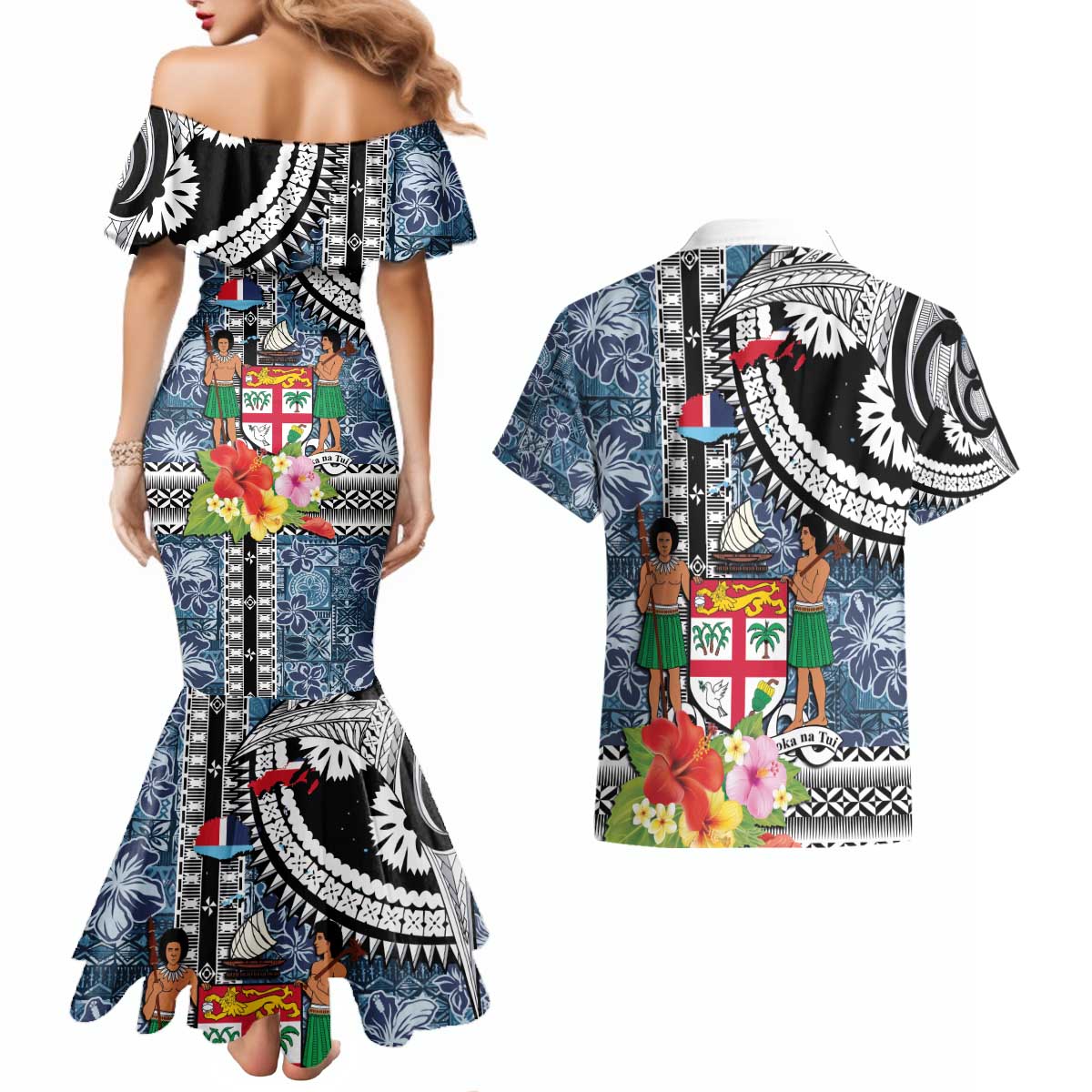 Fiji Day Couples Matching Mermaid Dress and Hawaiian Shirt Traditional Tapa with Hibiscus and Emblems LT03 - Polynesian Pride