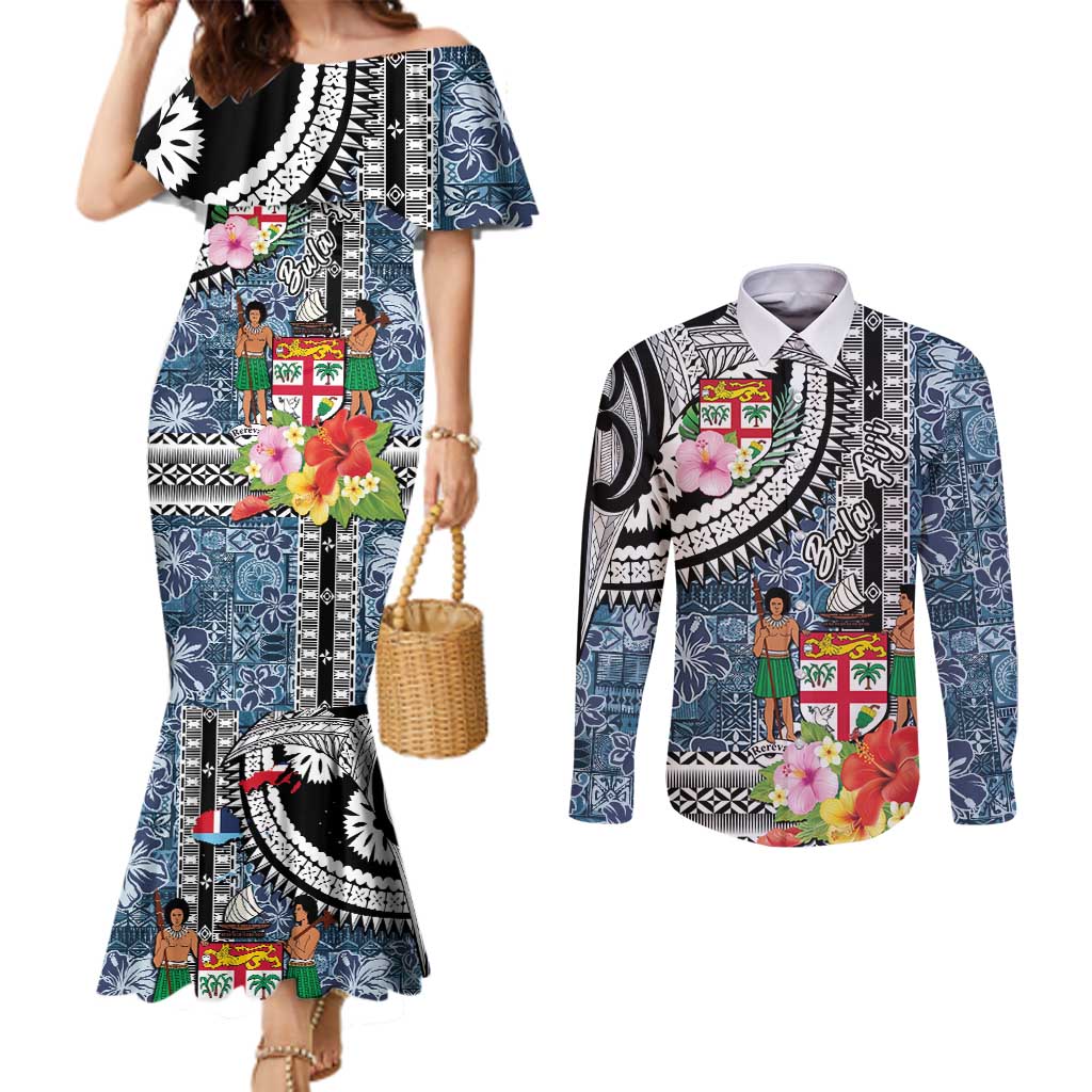 Fiji Day Couples Matching Mermaid Dress and Long Sleeve Button Shirt Traditional Tapa with Hibiscus and Emblems