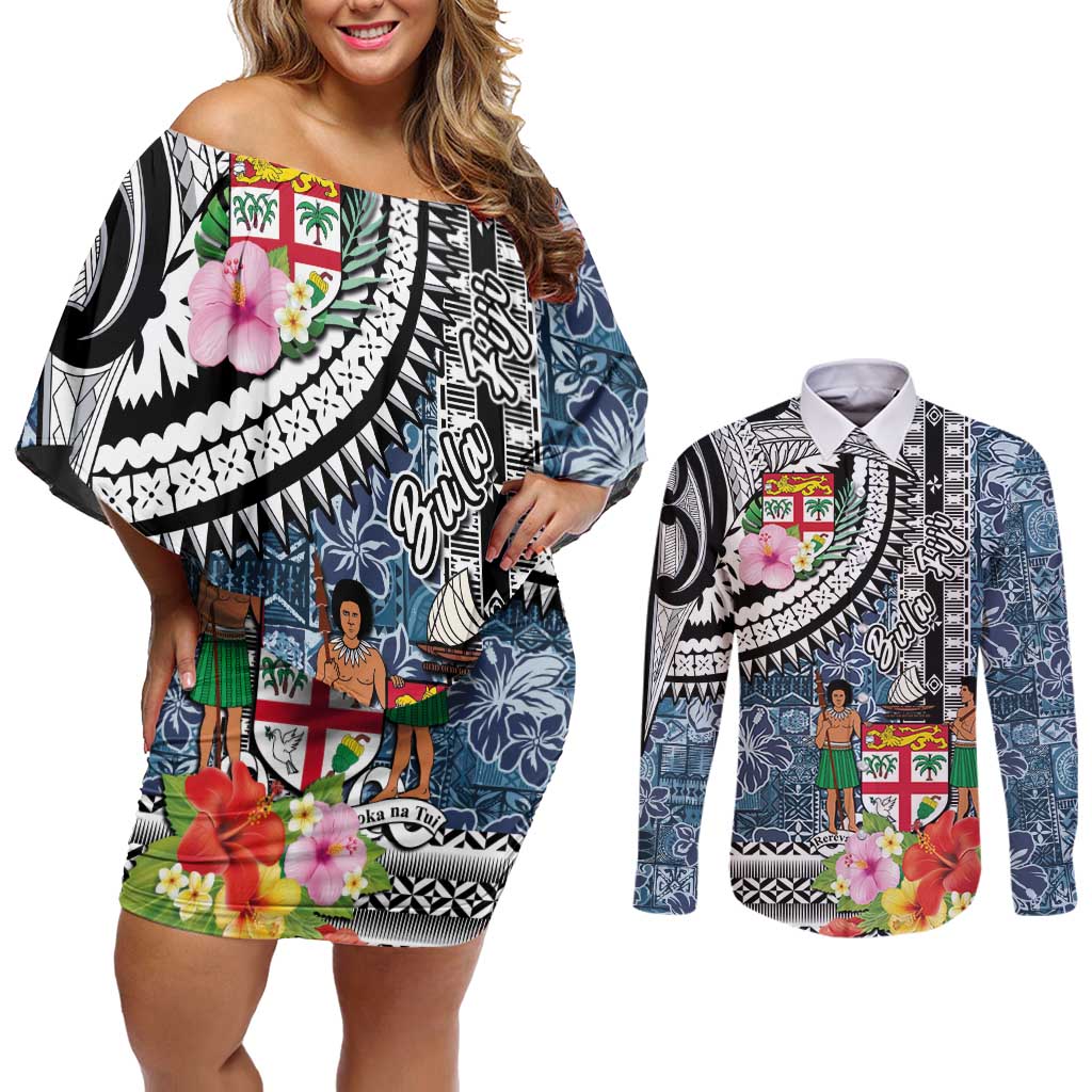Fiji Day Couples Matching Off Shoulder Short Dress and Long Sleeve Button Shirt Traditional Tapa with Hibiscus and Emblems