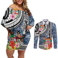 Fiji Day Couples Matching Off Shoulder Short Dress and Long Sleeve Button Shirt Traditional Tapa with Hibiscus and Emblems