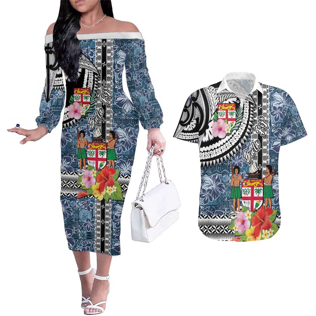 Fiji Day Couples Matching Off The Shoulder Long Sleeve Dress and Hawaiian Shirt Traditional Tapa with Hibiscus and Emblems LT03 No Dress - Polynesian Pride