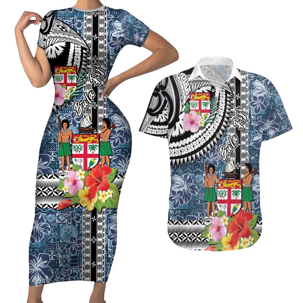 Fiji Day Couples Matching Short Sleeve Bodycon Dress and Hawaiian Shirt Traditional Tapa with Hibiscus and Emblems LT03 No Dress - Polynesian Pride