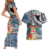 Fiji Day Couples Matching Short Sleeve Bodycon Dress and Hawaiian Shirt Traditional Tapa with Hibiscus and Emblems LT03 - Polynesian Pride