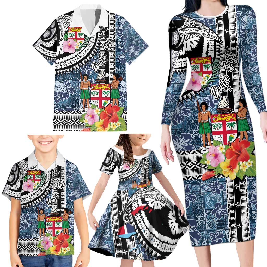 Fiji Day Family Matching Long Sleeve Bodycon Dress and Hawaiian Shirt Traditional Tapa with Hibiscus and Emblems LT03 - Polynesian Pride