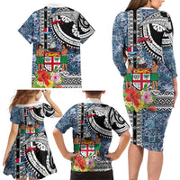 Fiji Day Family Matching Long Sleeve Bodycon Dress and Hawaiian Shirt Traditional Tapa with Hibiscus and Emblems LT03 - Polynesian Pride