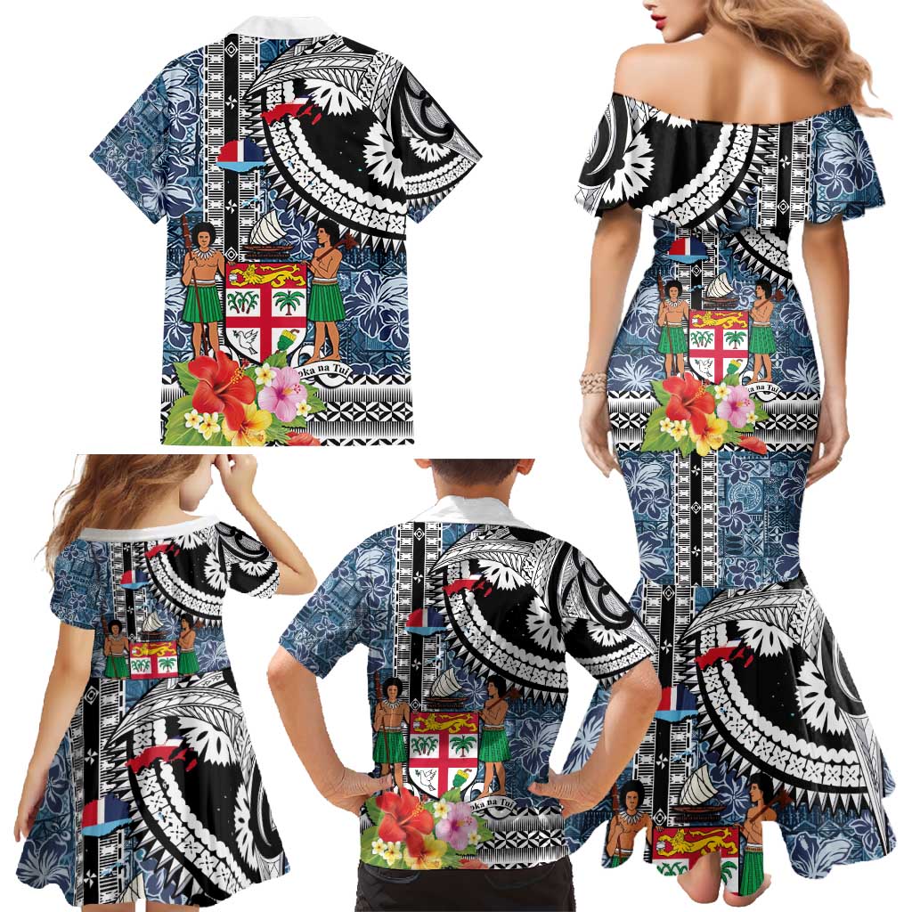 Fiji Day Family Matching Mermaid Dress and Hawaiian Shirt Traditional Tapa with Hibiscus and Emblems LT03 - Polynesian Pride