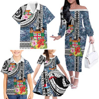 Fiji Day Family Matching Off The Shoulder Long Sleeve Dress and Hawaiian Shirt Traditional Tapa with Hibiscus and Emblems LT03 - Polynesian Pride