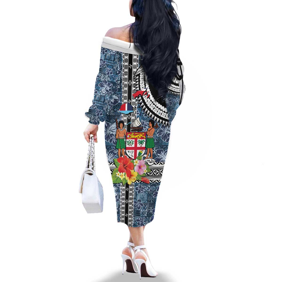 Fiji Day Family Matching Off The Shoulder Long Sleeve Dress and Hawaiian Shirt Traditional Tapa with Hibiscus and Emblems LT03 - Polynesian Pride