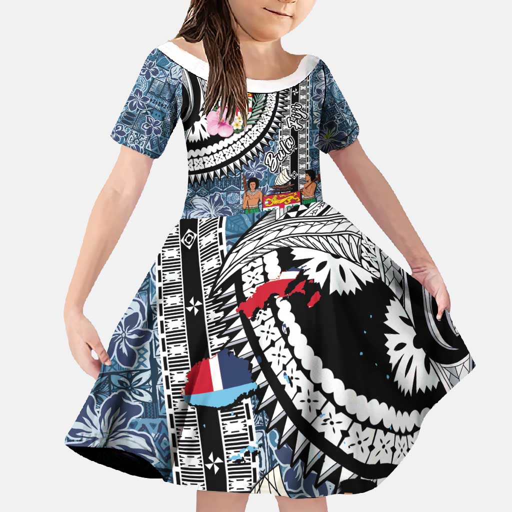 Fiji Day Family Matching Off Shoulder Maxi Dress and Hawaiian Shirt Traditional Tapa with Hibiscus and Emblems LT03 Daughter's Dress - Polynesian Pride