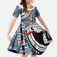 Fiji Day Family Matching Off Shoulder Maxi Dress and Hawaiian Shirt Traditional Tapa with Hibiscus and Emblems LT03 Daughter's Dress - Polynesian Pride