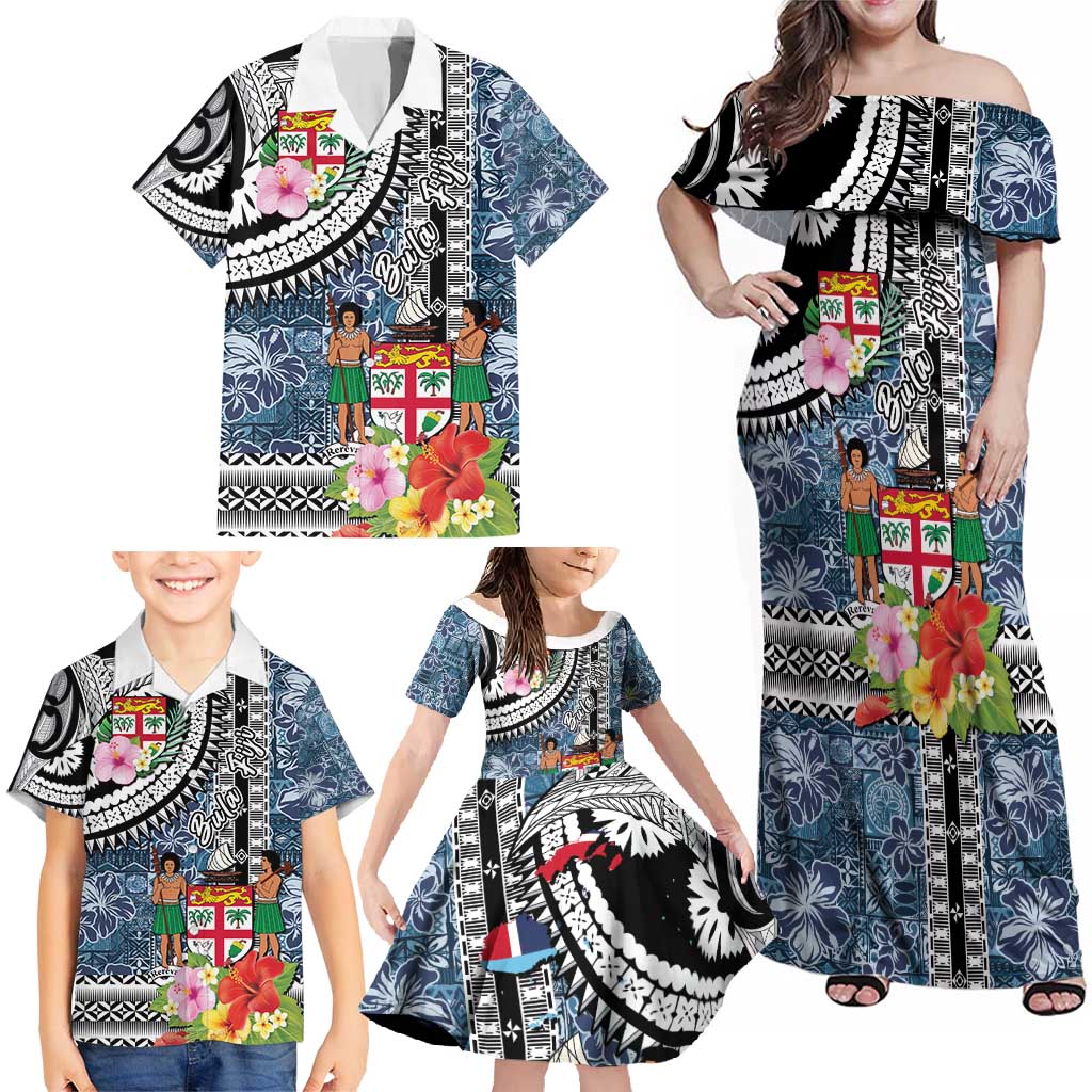 Fiji Day Family Matching Off Shoulder Maxi Dress and Hawaiian Shirt Traditional Tapa with Hibiscus and Emblems LT03 - Polynesian Pride
