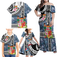 Fiji Day Family Matching Off Shoulder Maxi Dress and Hawaiian Shirt Traditional Tapa with Hibiscus and Emblems LT03 - Polynesian Pride