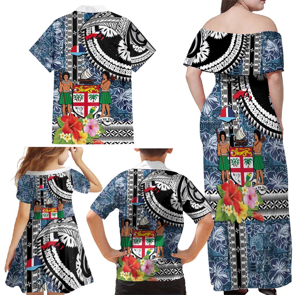 Fiji Day Family Matching Off Shoulder Maxi Dress and Hawaiian Shirt Traditional Tapa with Hibiscus and Emblems LT03 - Polynesian Pride