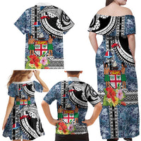 Fiji Day Family Matching Off Shoulder Maxi Dress and Hawaiian Shirt Traditional Tapa with Hibiscus and Emblems LT03 - Polynesian Pride