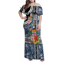 Fiji Day Family Matching Off Shoulder Maxi Dress and Hawaiian Shirt Traditional Tapa with Hibiscus and Emblems LT03 Mom's Dress - Polynesian Pride