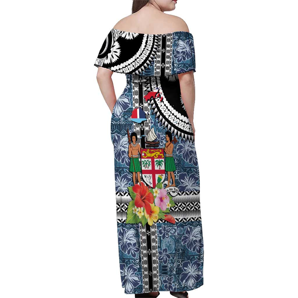 Fiji Day Family Matching Off Shoulder Maxi Dress and Hawaiian Shirt Traditional Tapa with Hibiscus and Emblems LT03 - Polynesian Pride